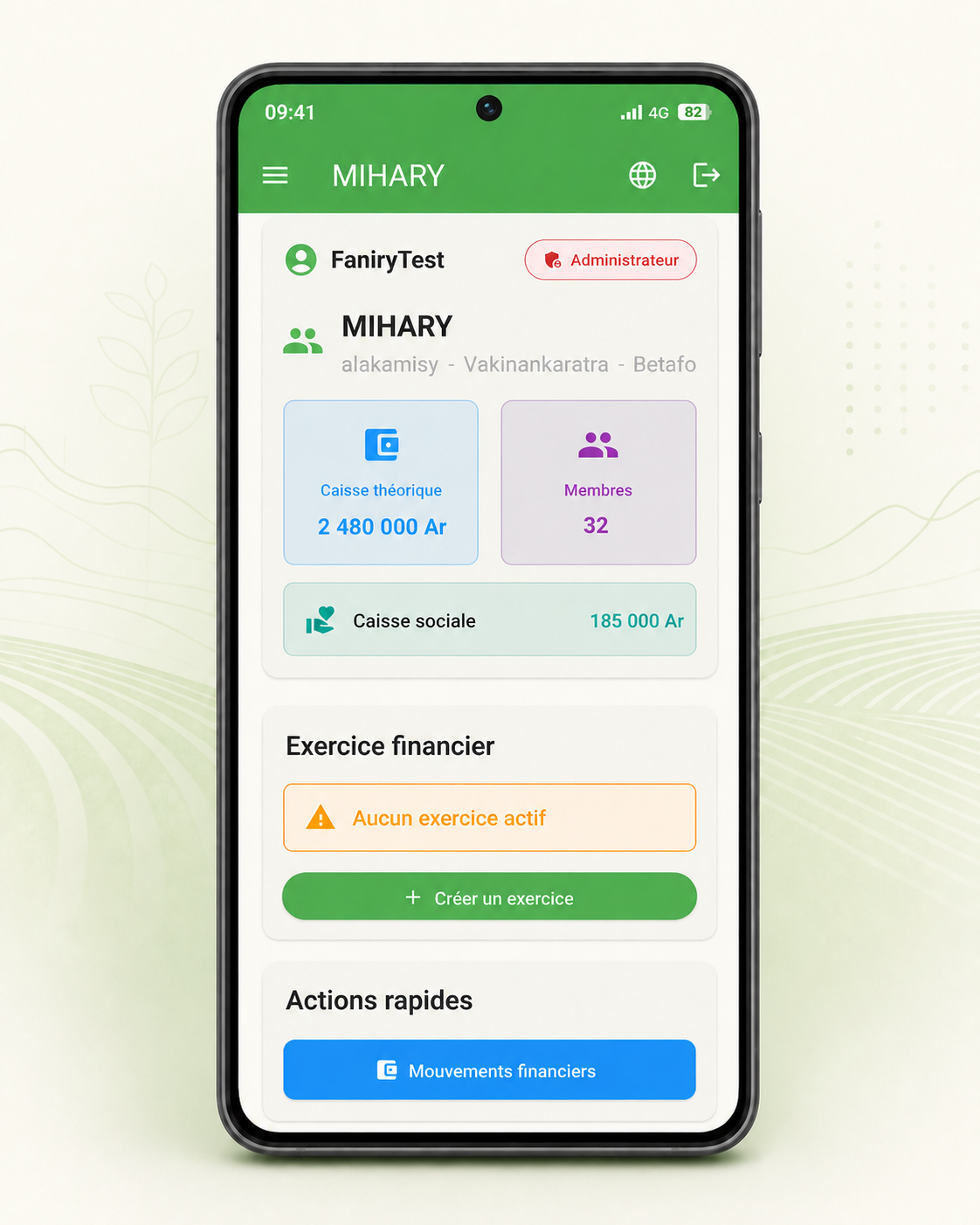 Tableau de bord de l’application GEC présenté dans un cadre Android